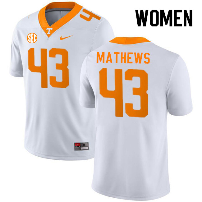 Women #43 Jackson Mathews Tennessee Volunteers College Football Jerseys Stitched-White